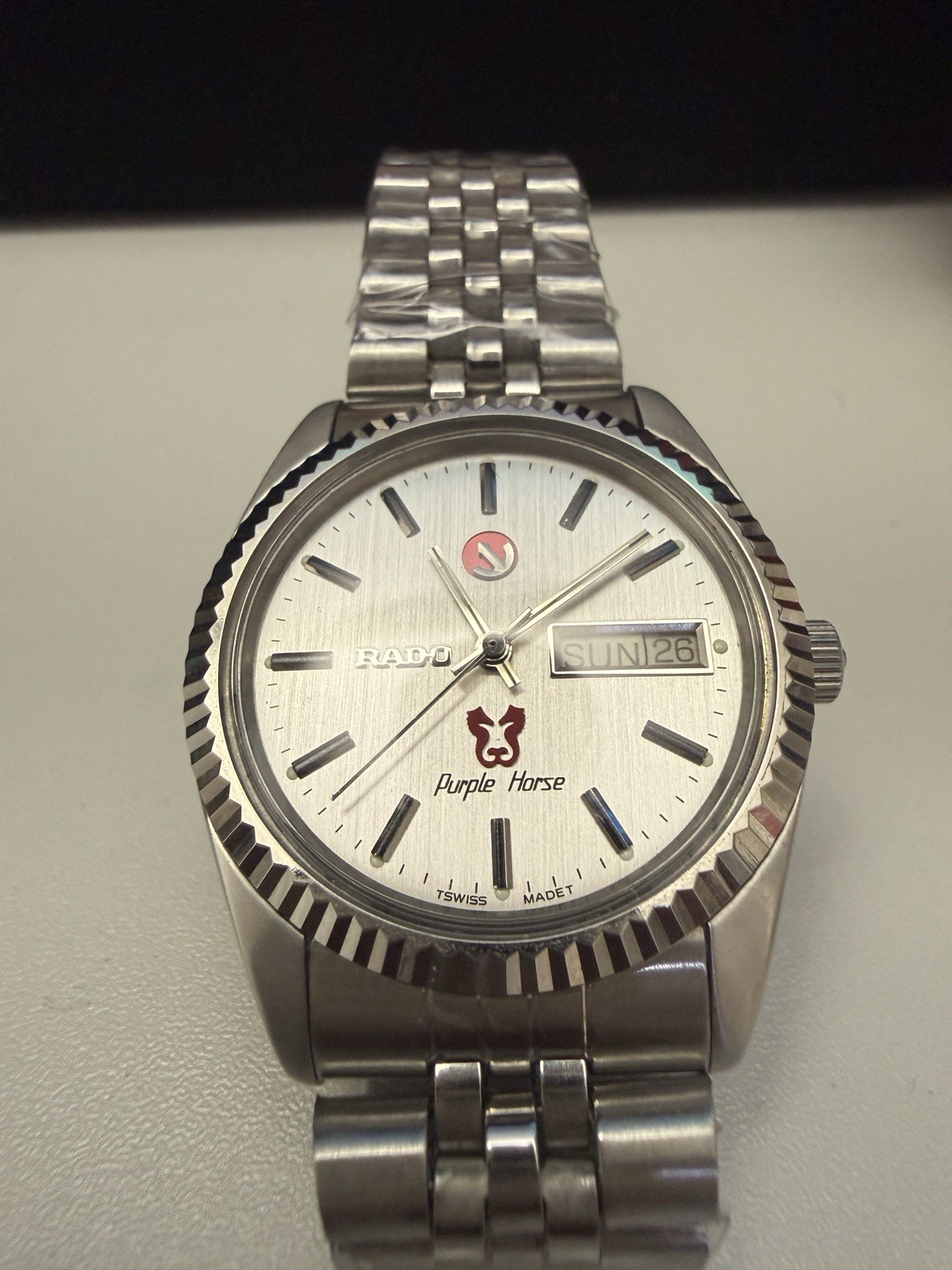 Rado Purple Horse Automatic Day-Date 36mm Silver Dial Steel Vintage Mens Watch