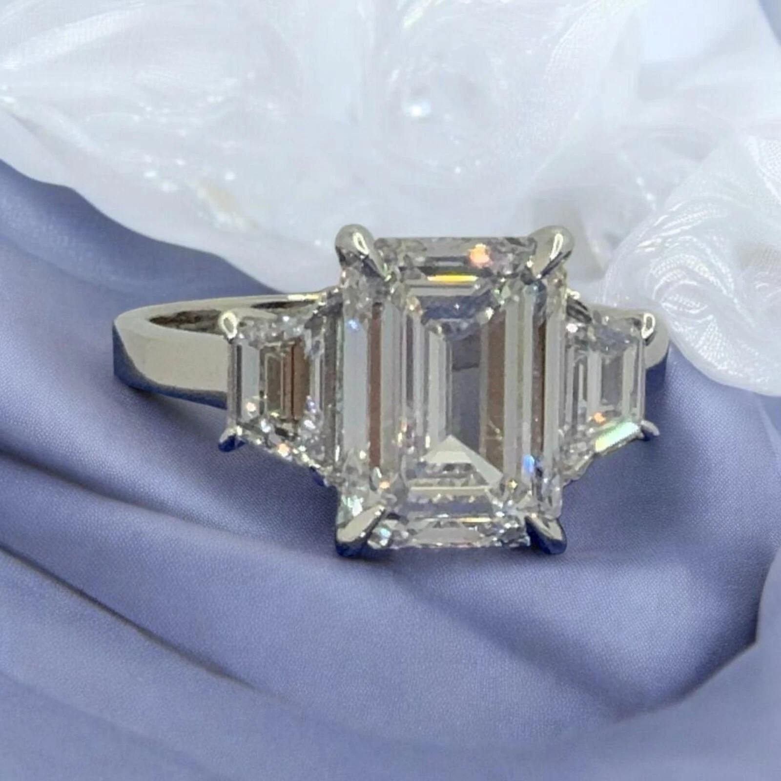 White Moissanite 4.50 Ct Emerald Cut 3-Stone Engagement Ring 925 Sterling Silver