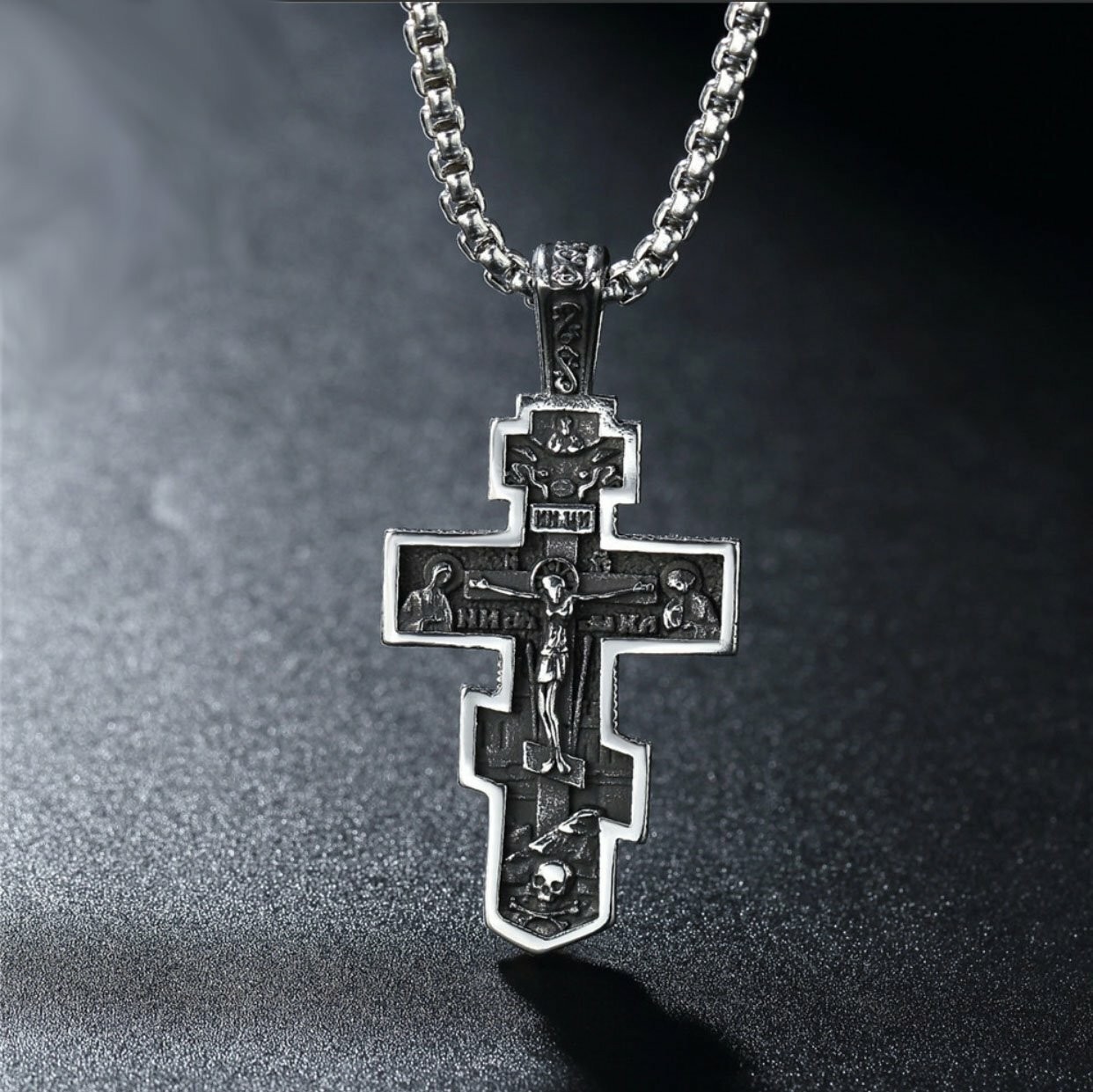 MENDEL Mens Russian Orthodox Crucifix Cross Pendant Necklace Stainless Steel Men
