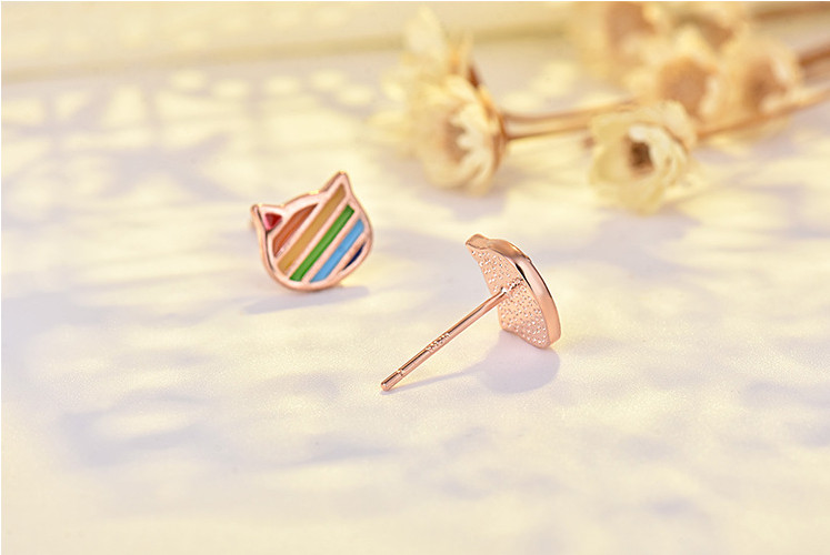Rhodium Rose Gold Sterling Silver Colorful Cat Face Stud Earrings Gift Box H18