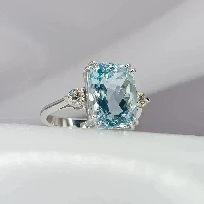 6.50 Ct Cushion Cut Lab Created Aquamarine Wedding Ring 14K White Gold Plated