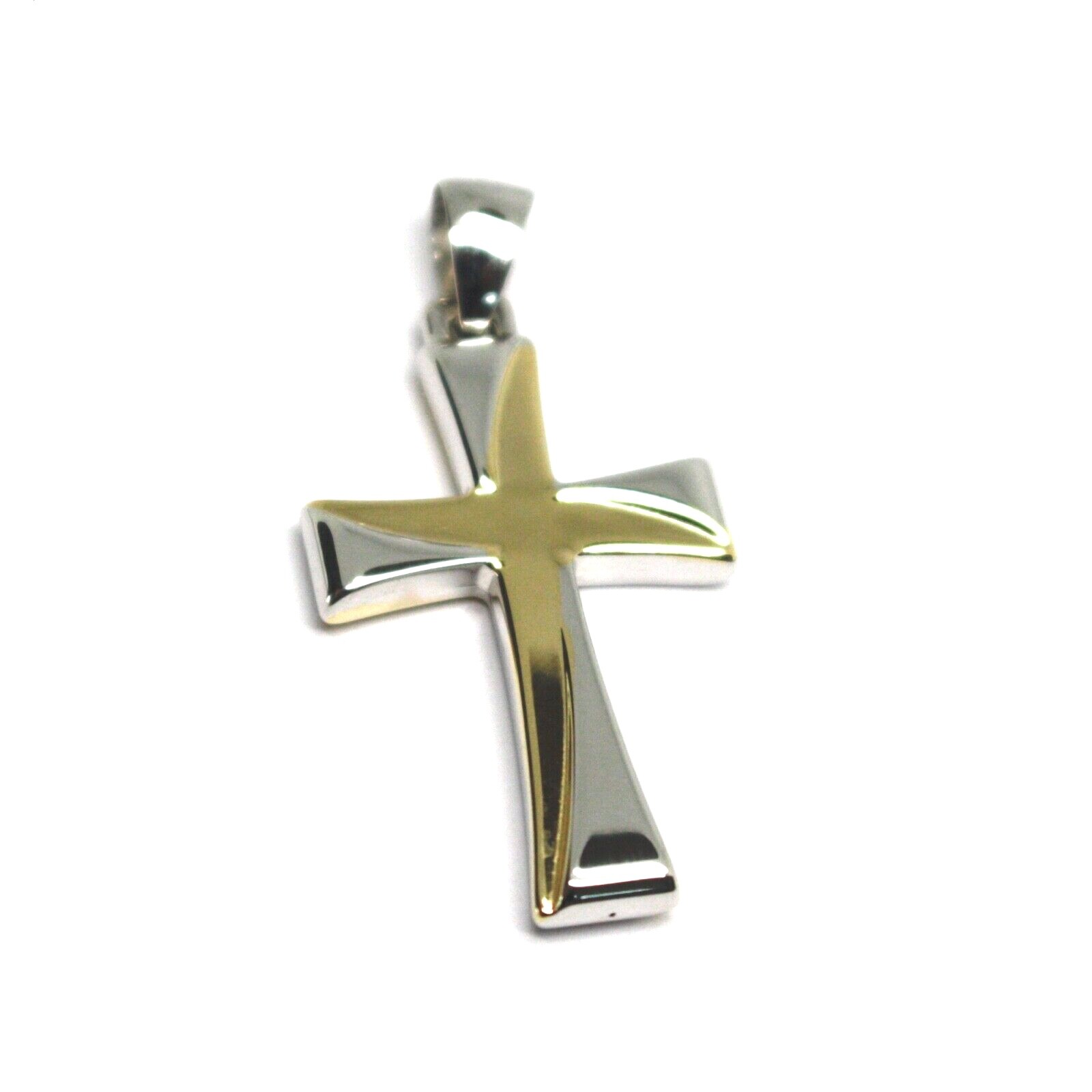 18K YELLOW WHITE GOLD CROSS, SQUARED 30mm, 1.18 inches, SMOOTH, TUBE ITALY MADE