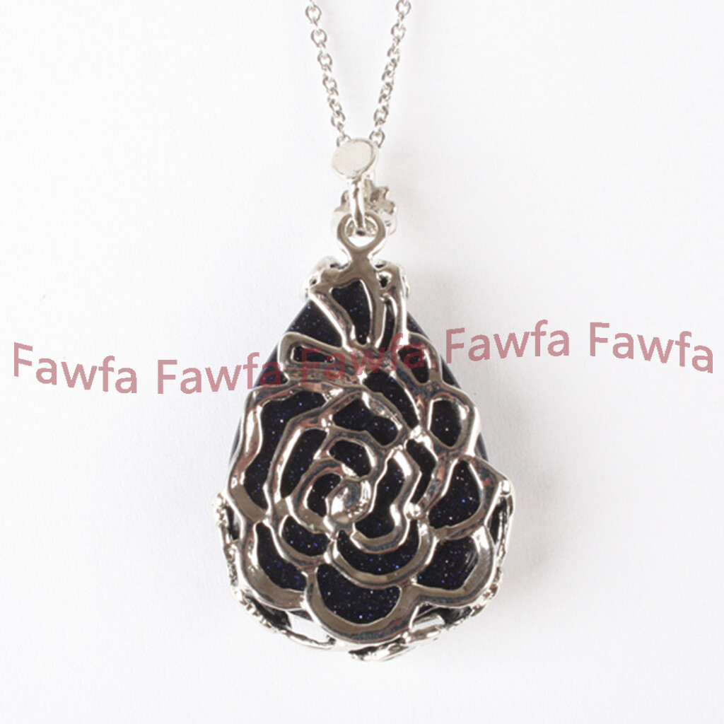 25x35mm Teardrop Gemstone Flowers Pendant Tibet 925 Silver Necklaces + Chain 17′