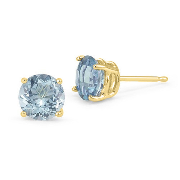 14K YELLOW GOLD BLUE AQUAMARINE ROUND SHAPE STUD PUSH BACK EARRINGS All Sizes