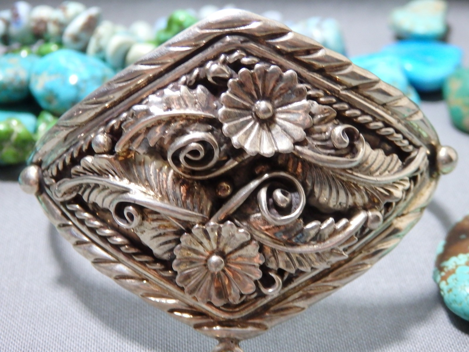 NAVAJO Jackson Sterling Silver SQUASH BLOSSOM Style 50g SLAVE BRACELET Ring sz9