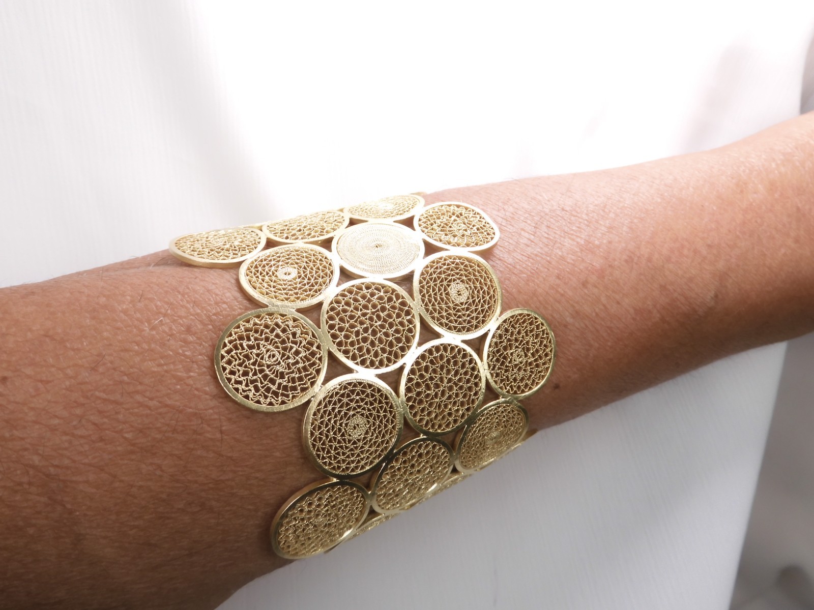 Colombian Handmade 43.70 Grs Filigree Bracelet Silver Gold Plated with 18k Gold