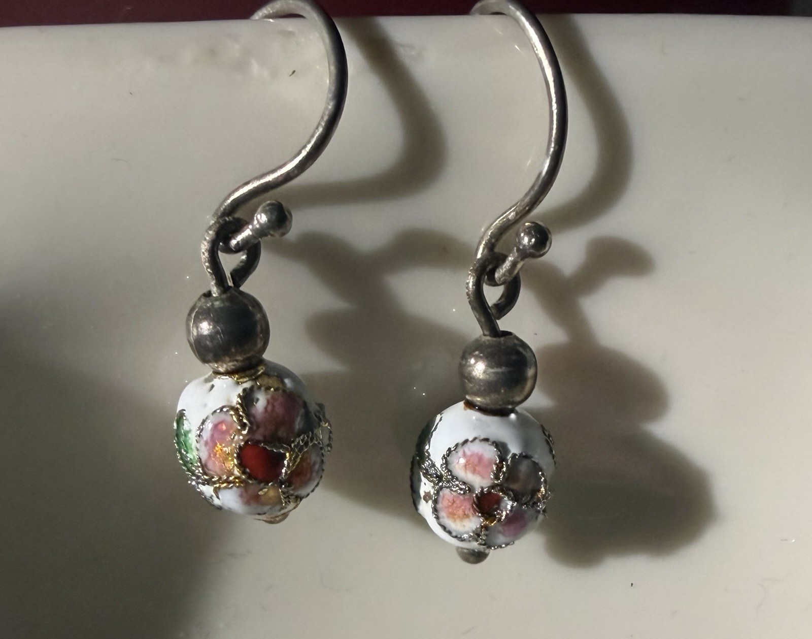 Dainty Vintage Cloisonné Bead Earrings Dangle, Pierced Ears, Classic Jewelry