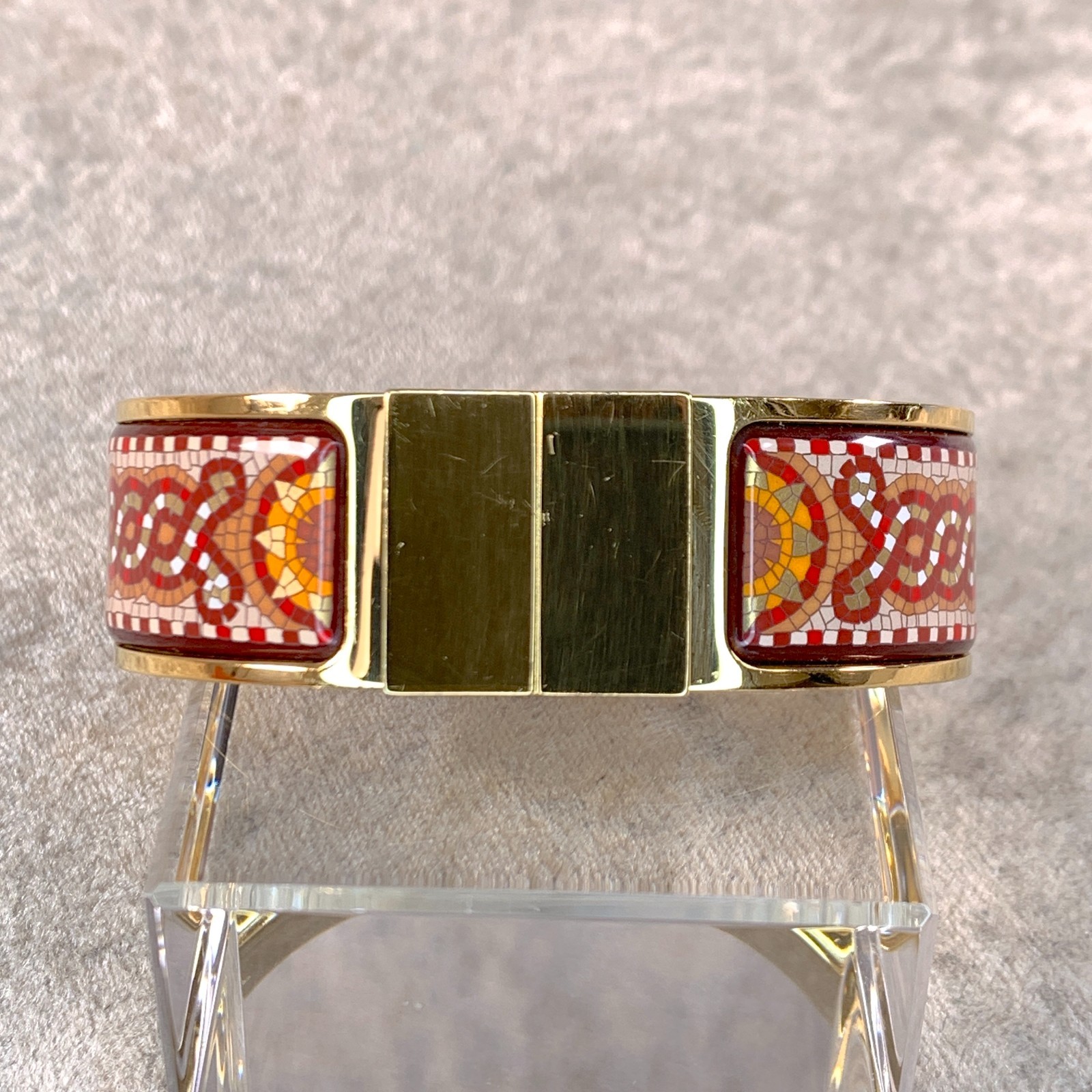 Vintage Hermes Clic Clac Bangle Bracelet Mosaique Red Enamel Gold Size GM w/Box