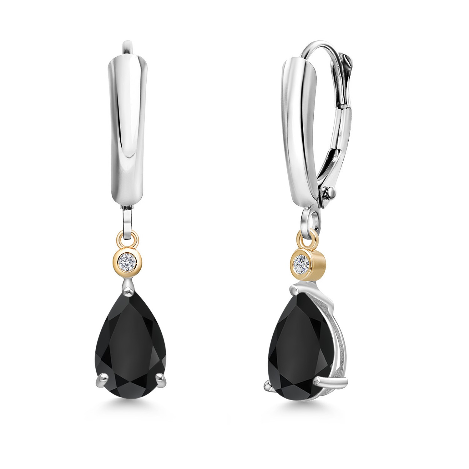 925 Silver and 10K Yellow Gold Onyx and Lab Grown Diamond Dangle Earrings for