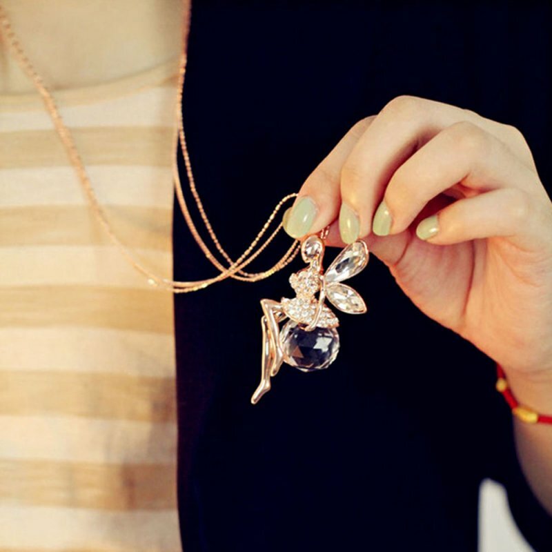 Fashion Women Crystal Fairy Angel Wing Pendant Long Chain Sweater Necklace Gift