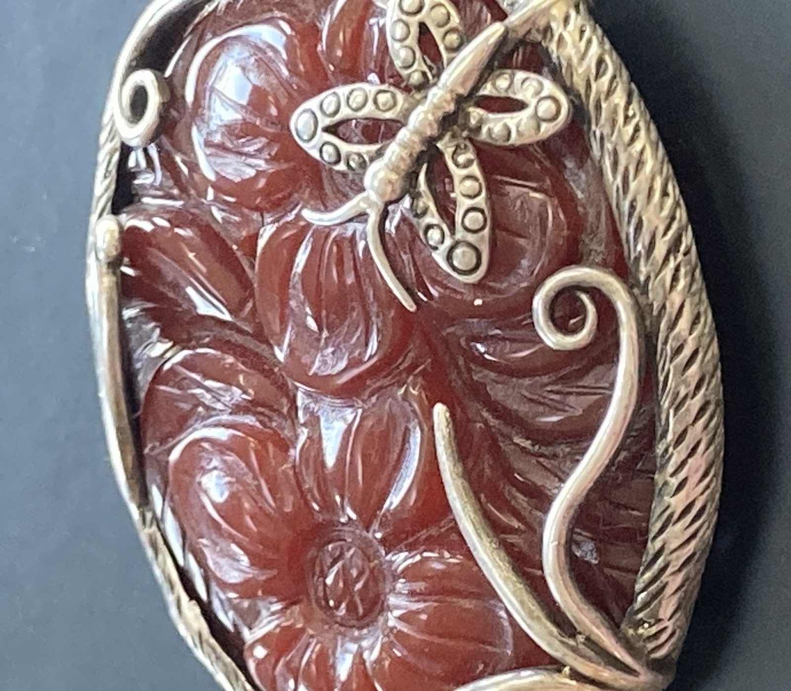 Carnelian Agate Butterfly Flower Big PENDANT Sterling Silver 925 Red Necklace