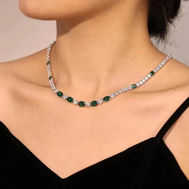 20 Ct Oval Cut Lab Created Emerald Women’s Tennis Necklace 14K White Gold Plated