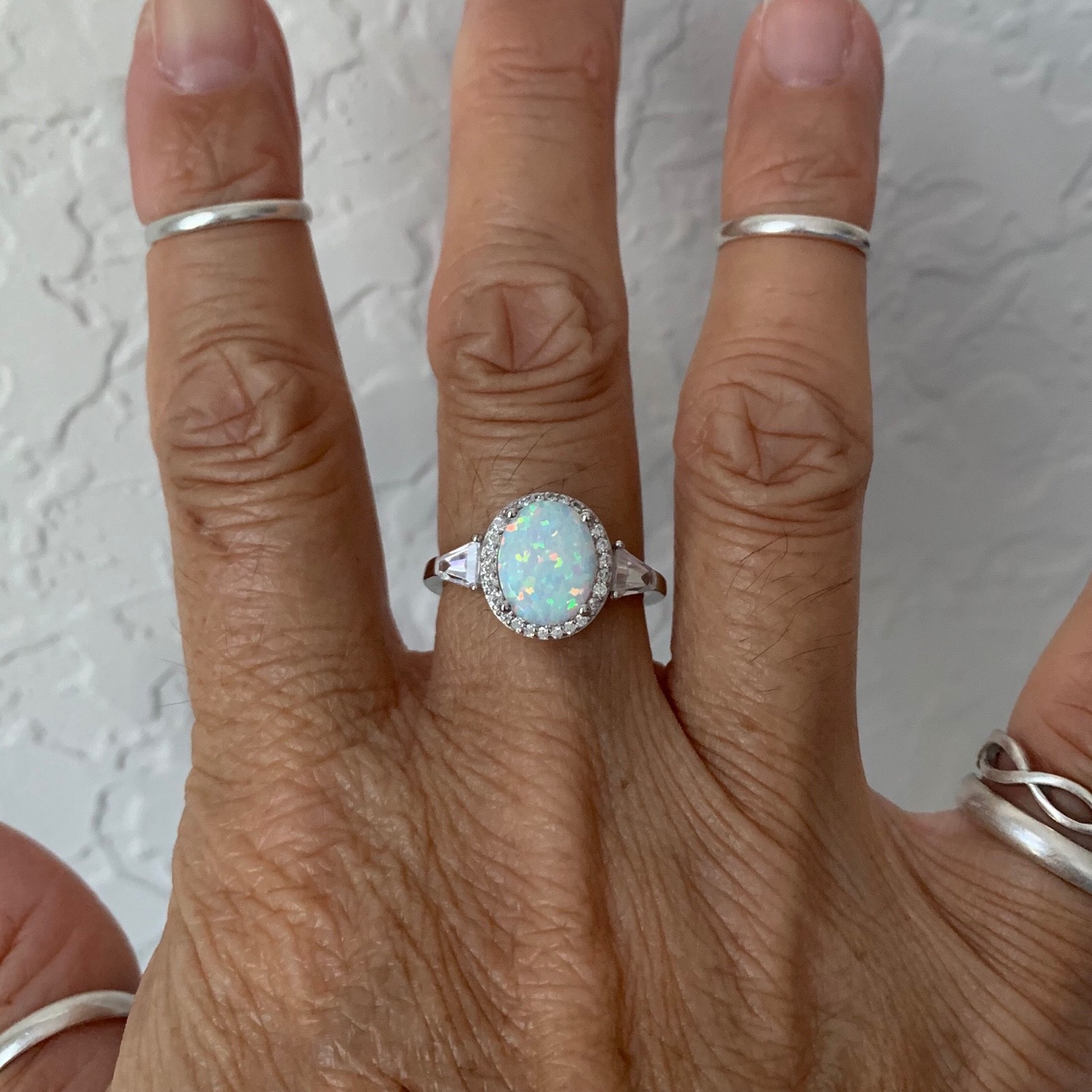 Sterling Silver Oval White Lab Opal Ring with CZ, Wedding Rings, Engagement Ring