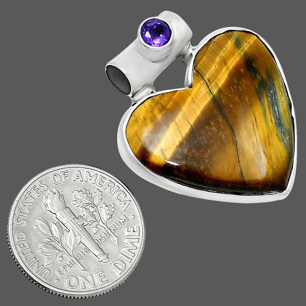 Premium Heart Tiger Eye & Amethyst 925 Sterling Silver Pendant Jewelry P-1300