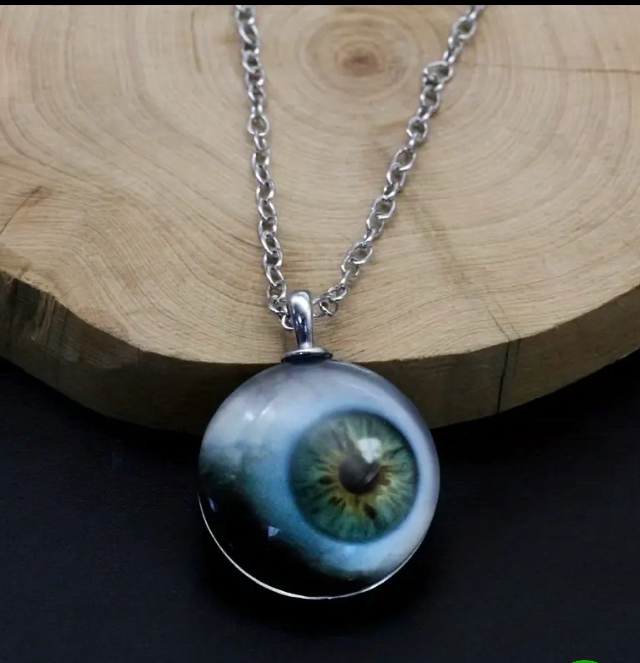 Green Eyeball Pendant On Silver Tone Chain Goth Spook Halloween 2 Sided