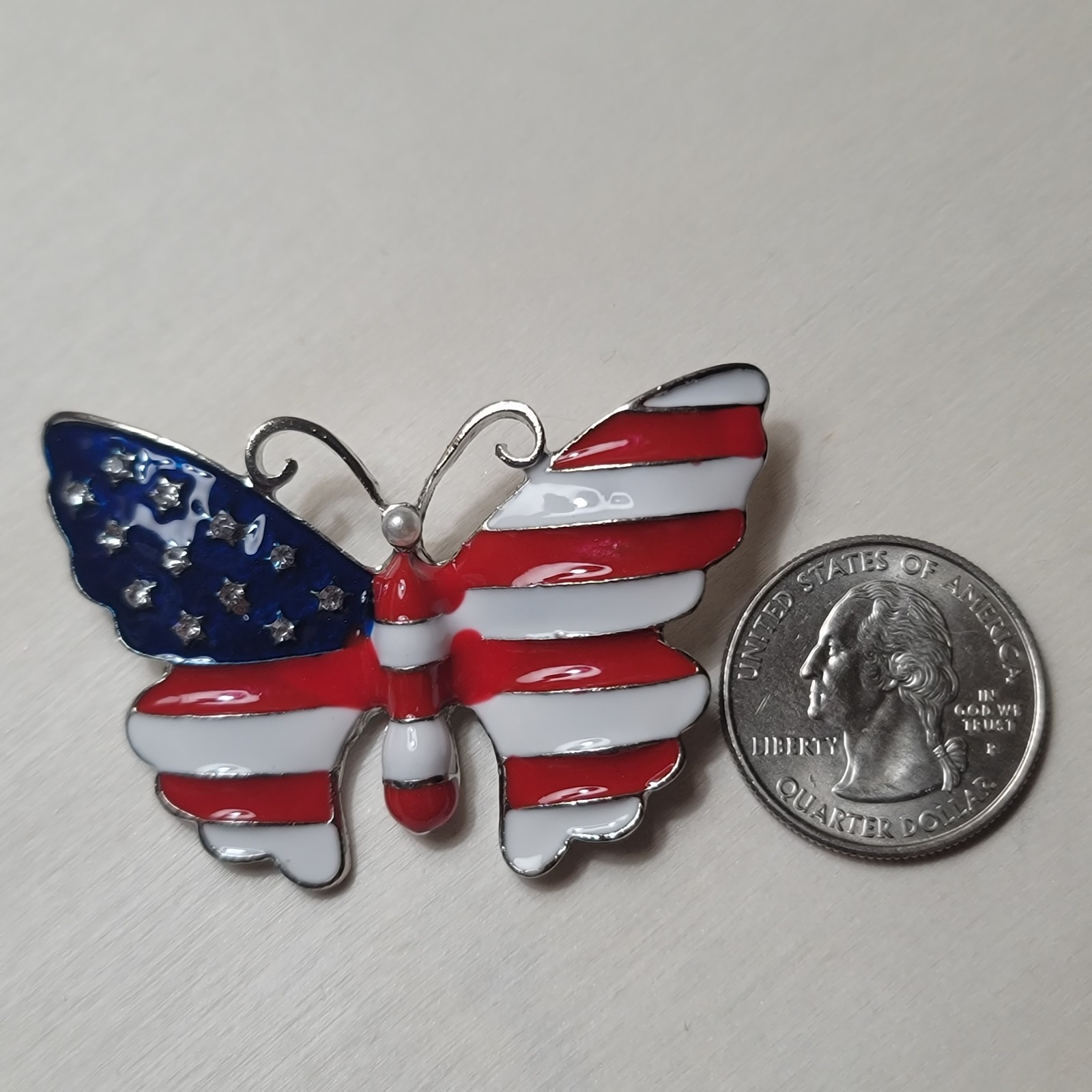 Set of 2 Brooch/pins, USA, Patriotic, Butterfly, Red White Blue, Silvertone