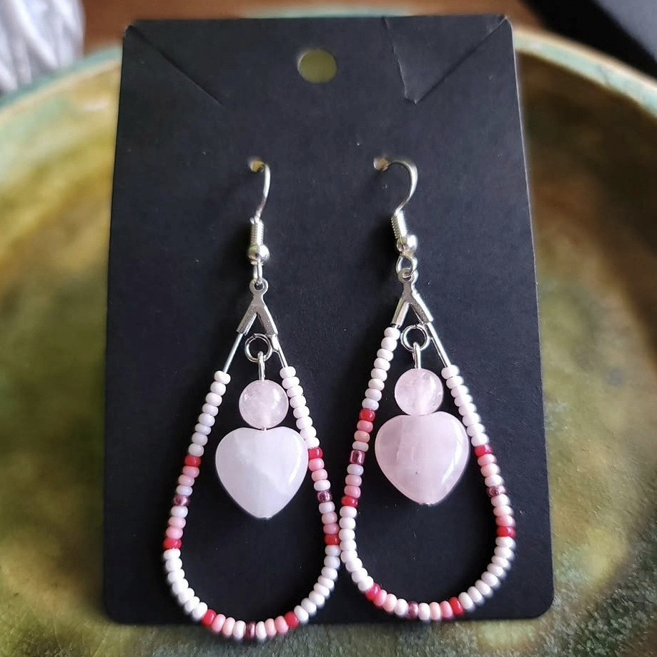 Handcrafted Rose Quartz Heart Stone Beaded Teardrop Dangle Hook Earrings