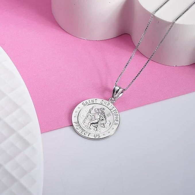925 Sterling Silver 20MM Saint Christopher Religious Pendant Necklace 16″-24″