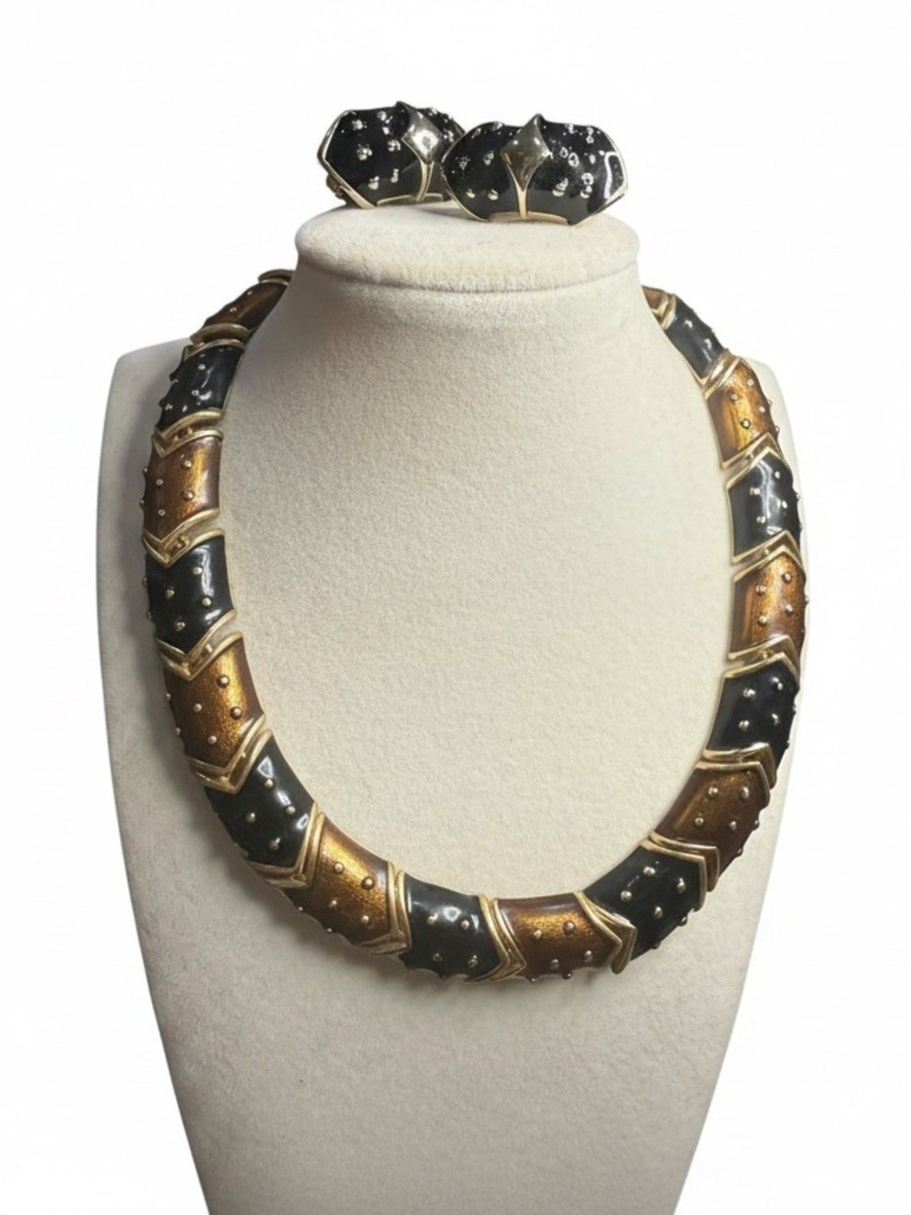 Vintage Erwin Pearl Black Bronze Enamel Necklace Clip Earrings Demi Parure Set