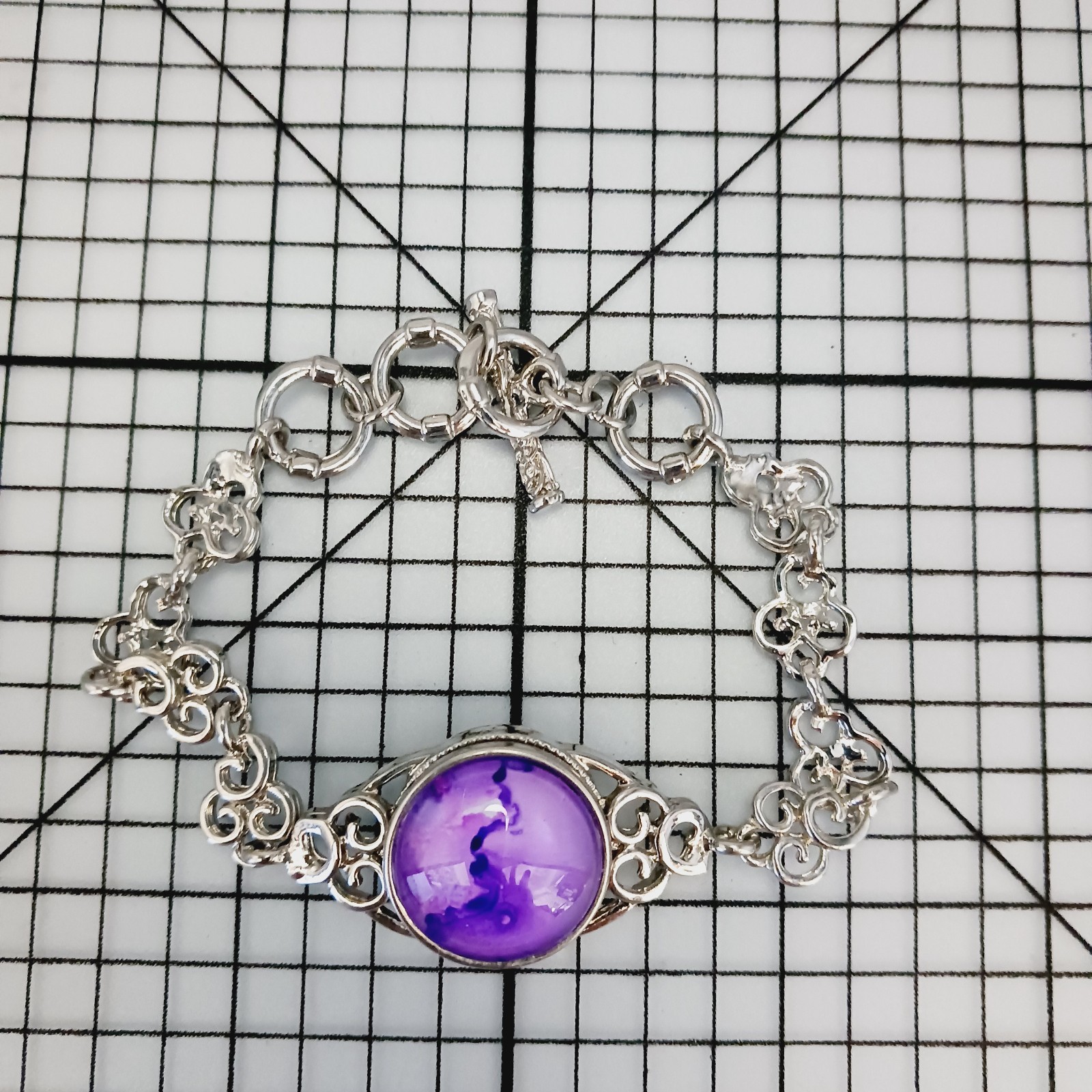 Bracelet Link Purple Cabochon Silver Tone Filigree Romantic Boho Victorian 2000s