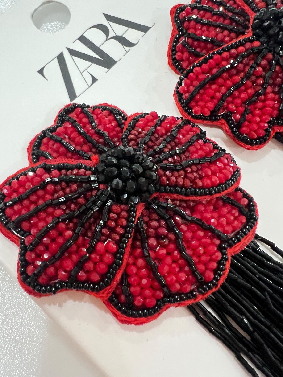 New Zara Woman Floral Beaded Earrings Dark Red Burgundy Black