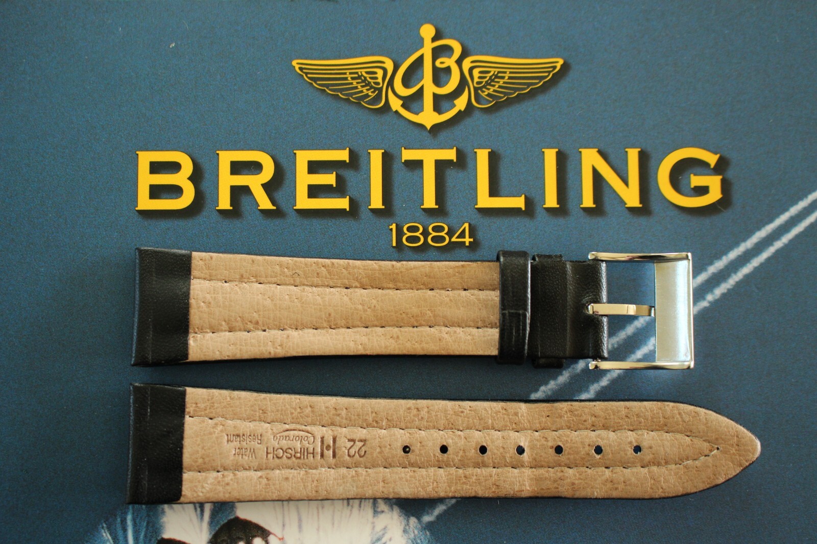 NOS 22-18 BLACK WAX CALF TONGUE BUCKLE WATCH BAND WATCHBAND STRAP FOR BREITLING