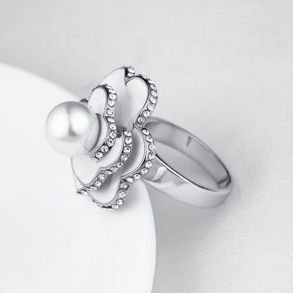 Womens Platinum Plated Ceramic Elegant Pearl CZ Crystal Flower Vogue Ring #DR111