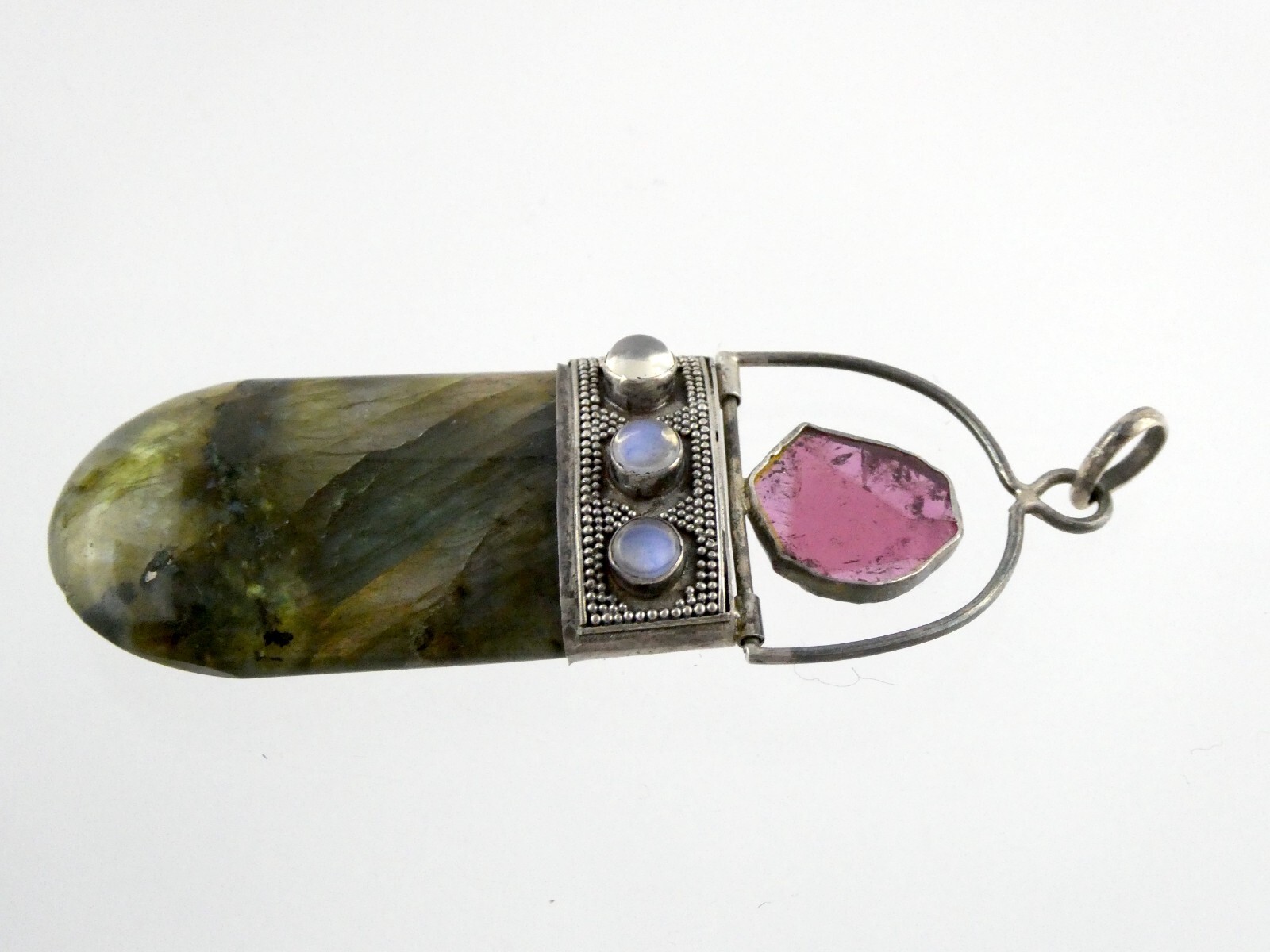 Sterling Silver Pink Tourmaline Slice Labradorite Moonstone Pendant 925 24.2g
