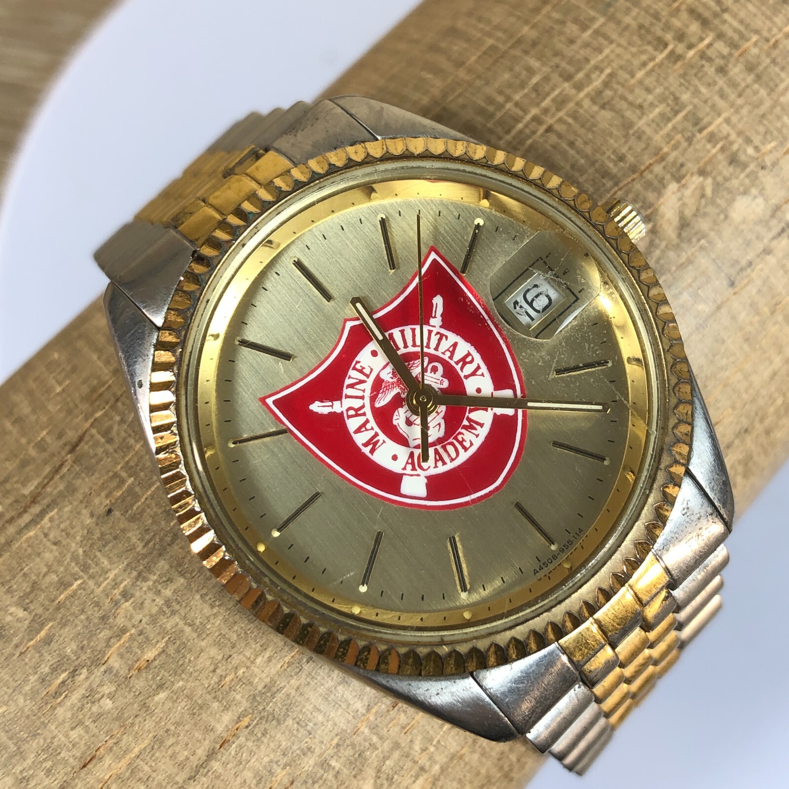 Vtg Marine Military Academy Mens President Fluted Bezel Quartz ETA 955.114 Watch