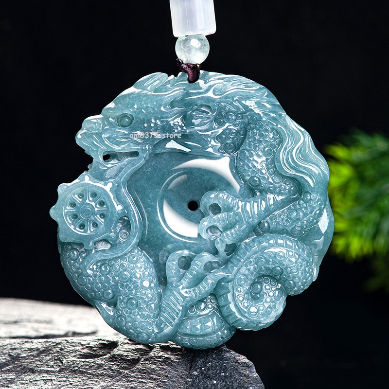 Natural Grade A Jade Jadeite Blue Water Ice Species Circle Zodiac Dragon Pendant