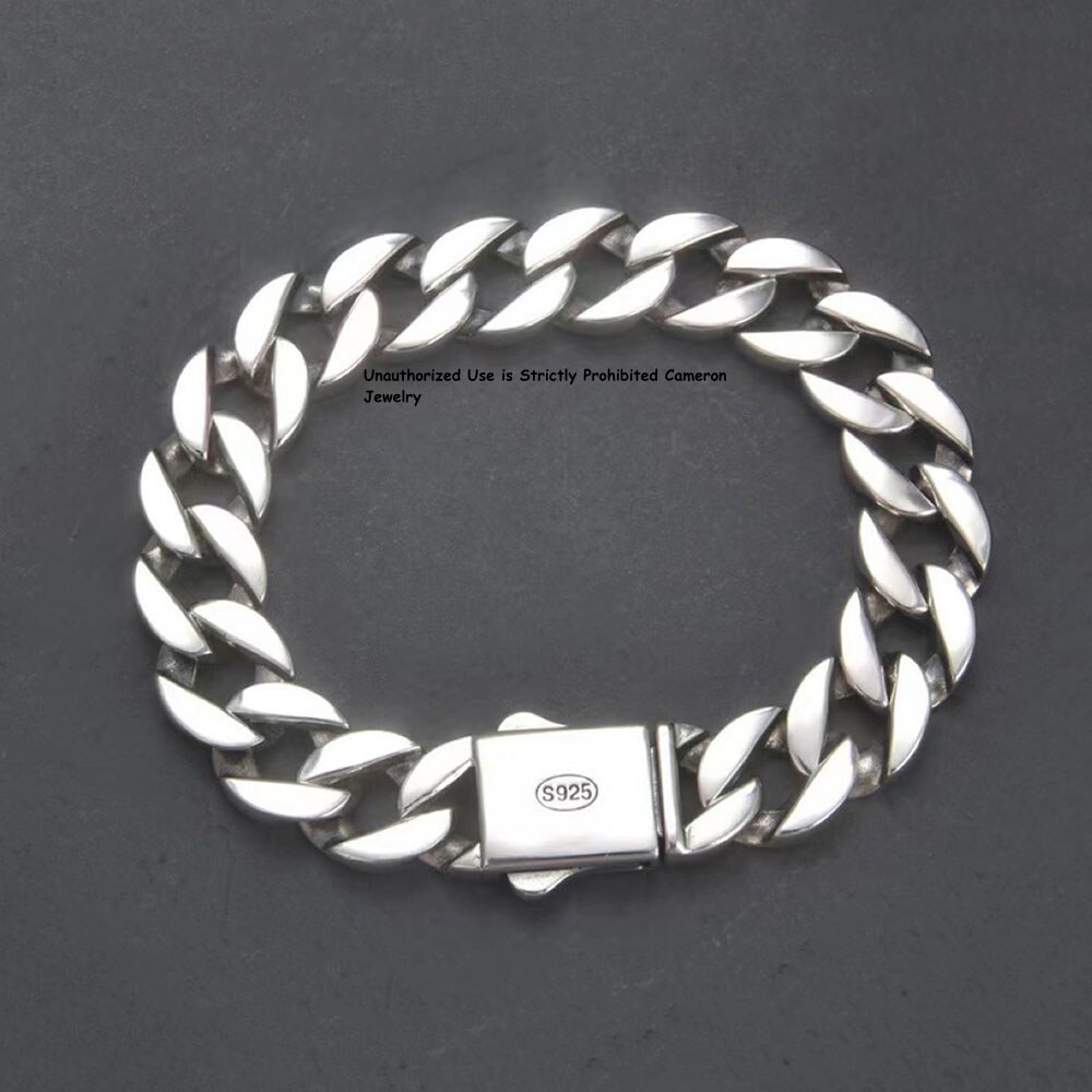 Pure S925 Sterling Silver Chain 13mm Cuban Curb Link Bracelet 7.1-8.7inch