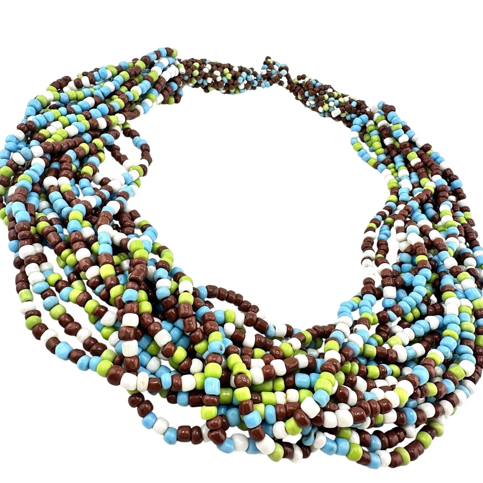 Boho Handmade Chunky Multistrand Blue Brown Green White Glass Bead 19” Necklace