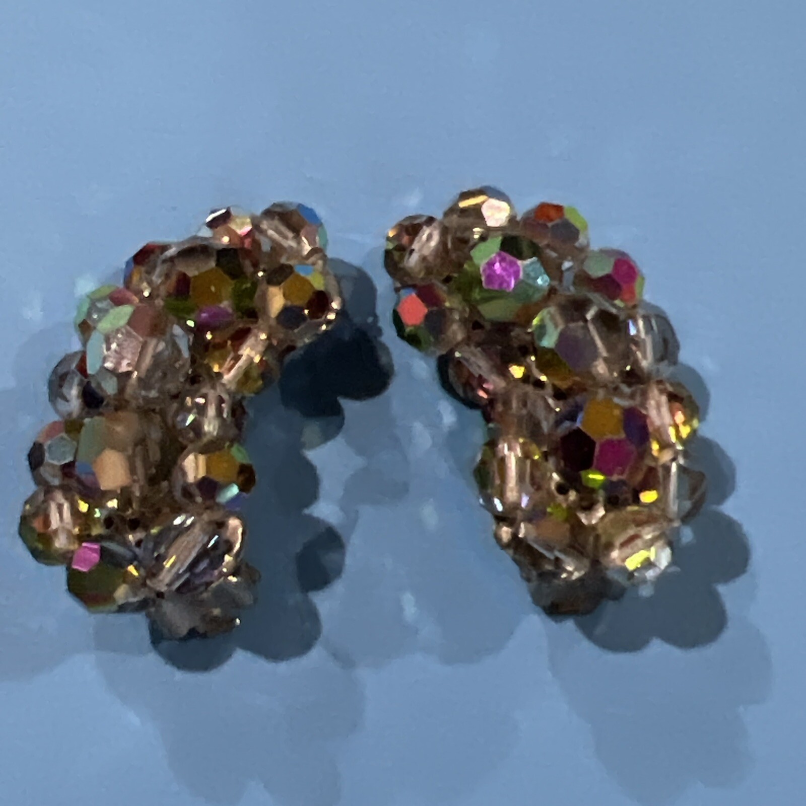 vintage aurora borealis beaded Clip On Earrings