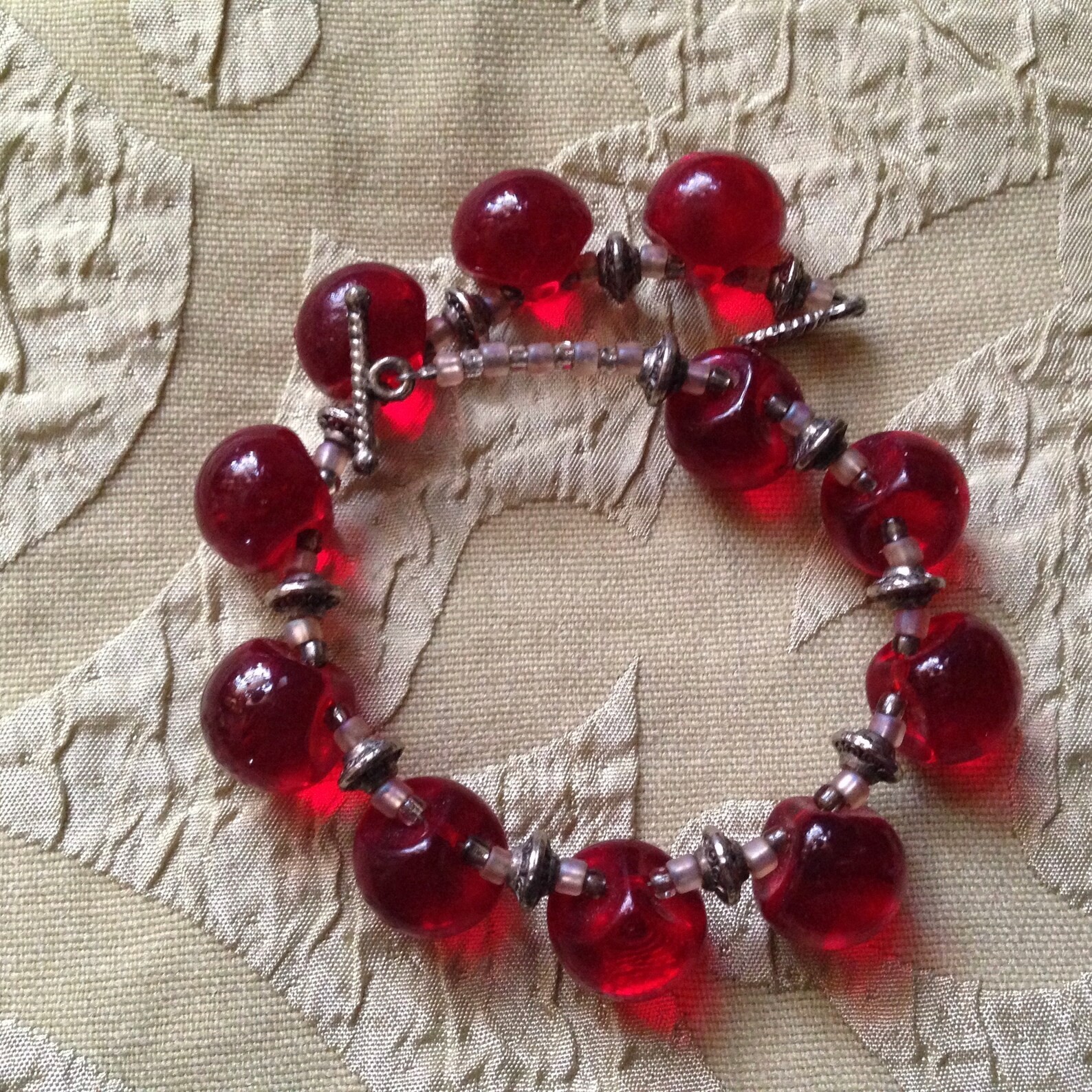 Glass Antique Button Bracelet Toggle Clasp Handmade 9.5 Inches “Ruby Tuesday”