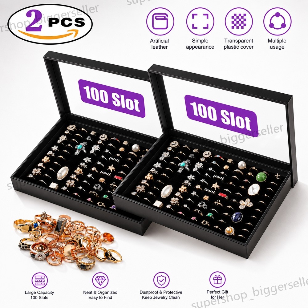 2Pack 100 Slots Jewelry Ring Display Organizer Tray Holder Earrings Storage Case