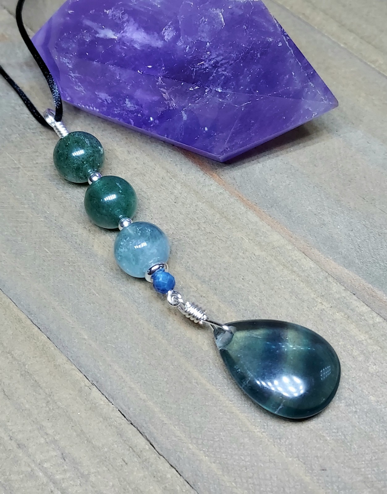 Blue Fluorite Pendant With Green Strawberry Quartz, Colorful Artisan Crafted