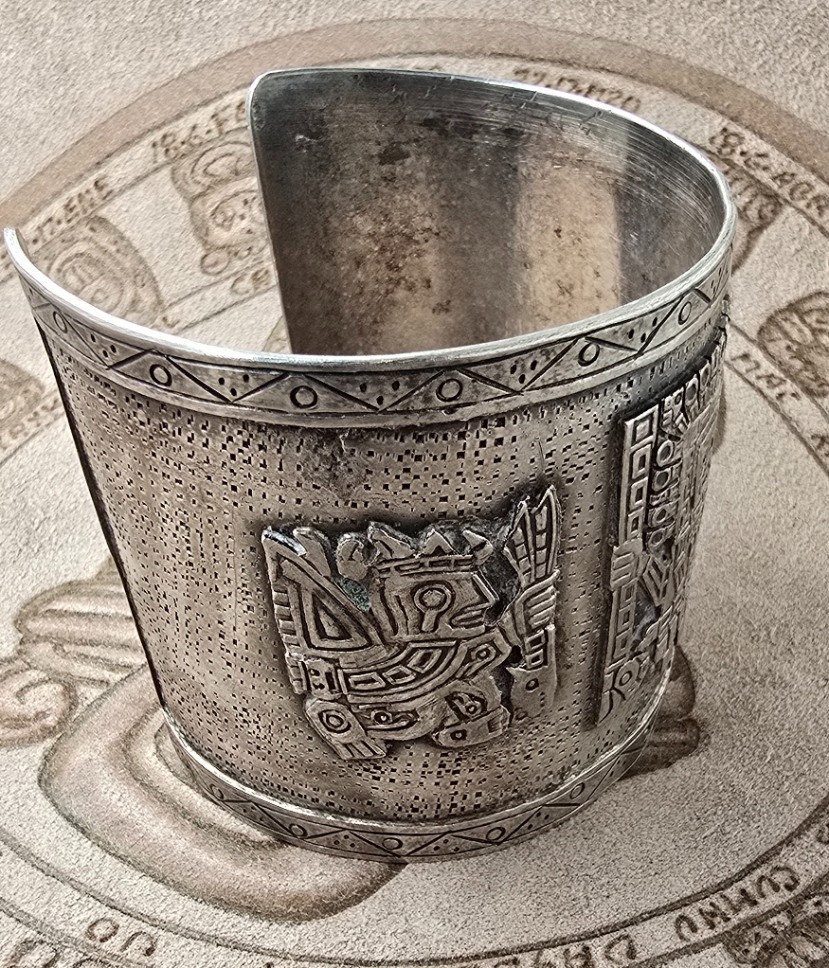 Vintage Peruvian Sterling Silver Cuff Bracelet Pre-Columbian Inca Inspired Motif