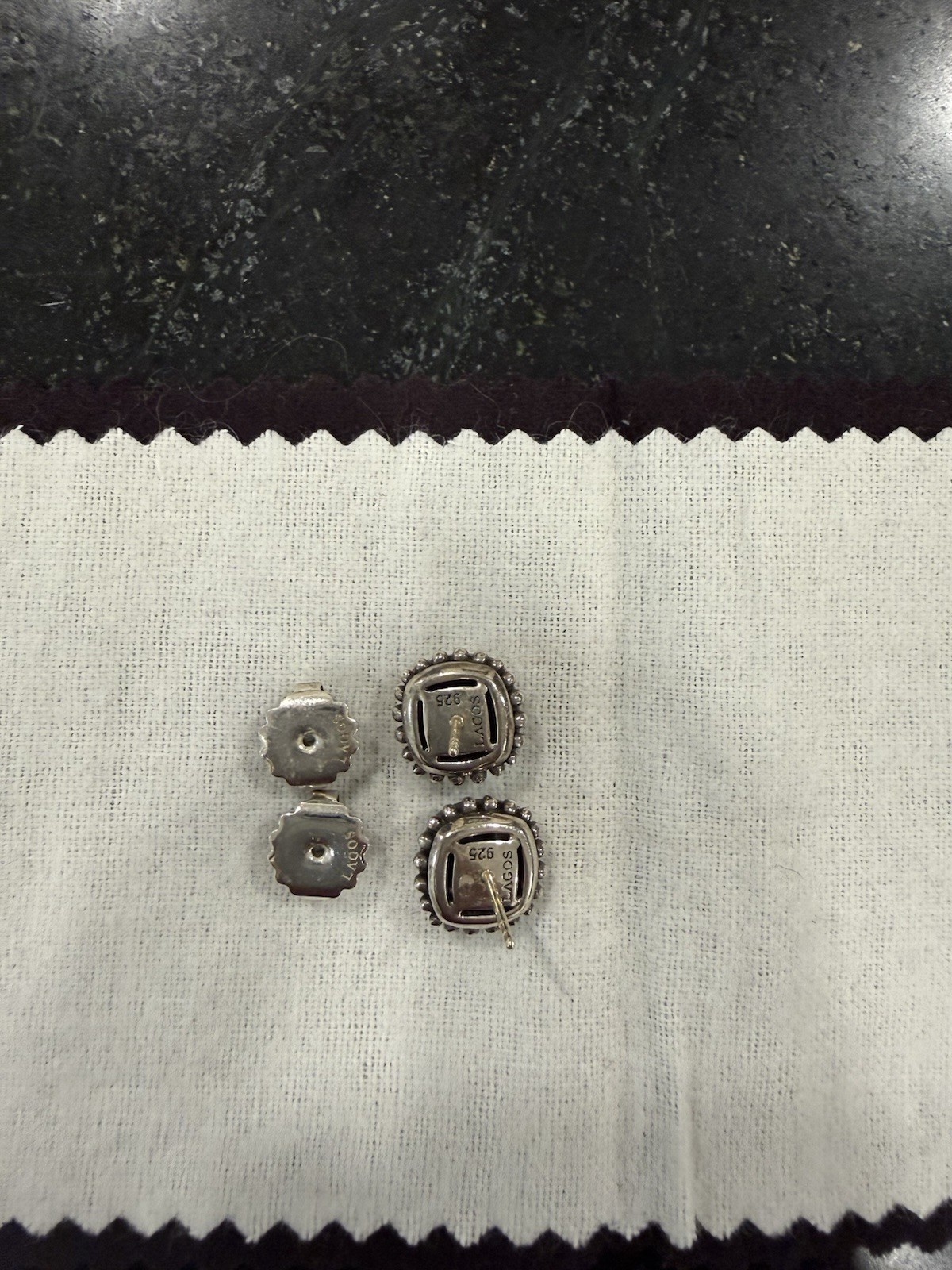 Lagos 925 Sterling Silver Gray Cushion Stud Earrings Bezel Butterfly Signed