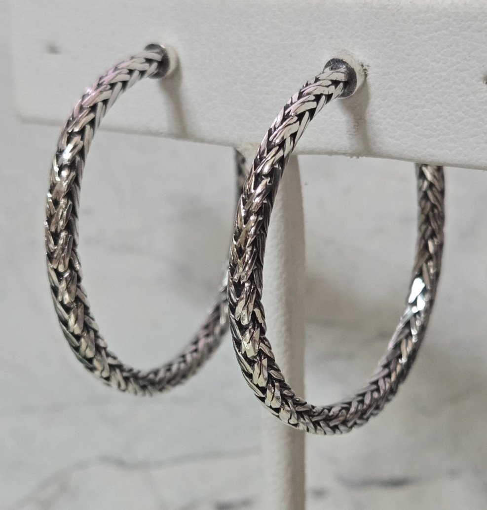 Bali Legacy Sterling Silver Tulang Naga Weave Hoop Earrings, 33mm 8.8 grams