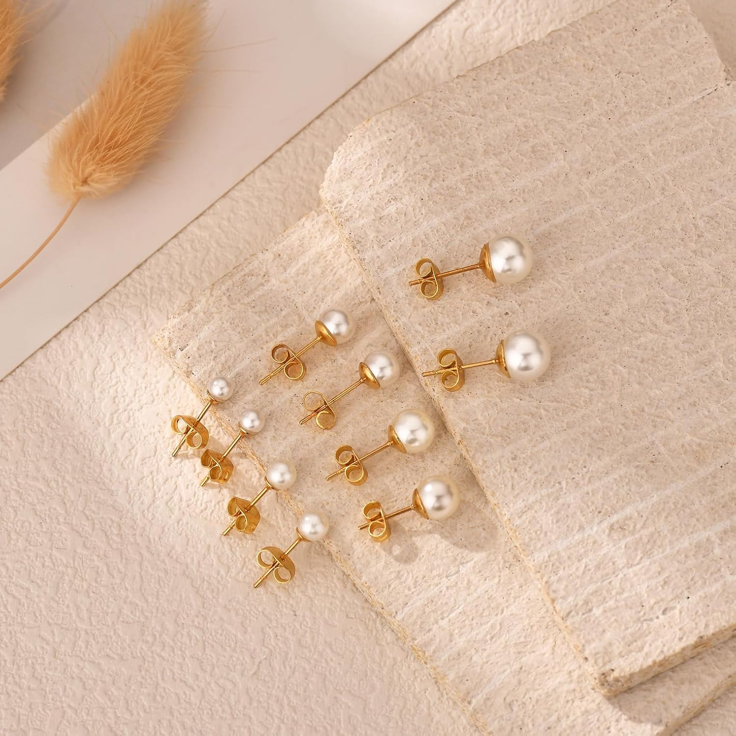 JINERA 5 Pairs Stud Earrings for Women 14K Plated Gold/Silver Pearl Ball Small S