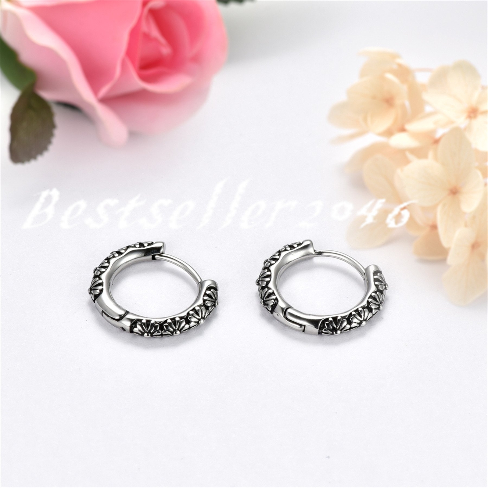 2pcs Mens Womens Punk Stainless Steel Retro Floral Endless Hoop Huggie Earrings