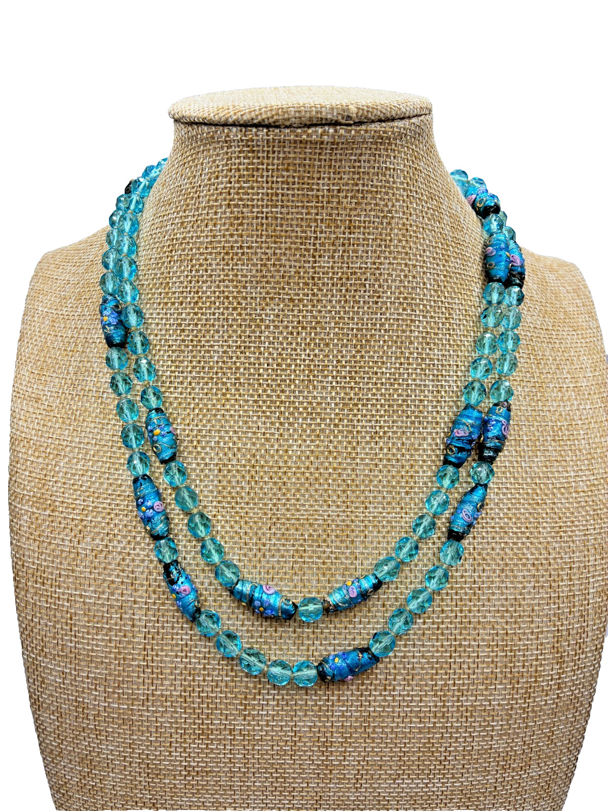 Antique Murano Venetian Glass Aqua Blue Wedding Cake Crystal Bead 39″ Necklace