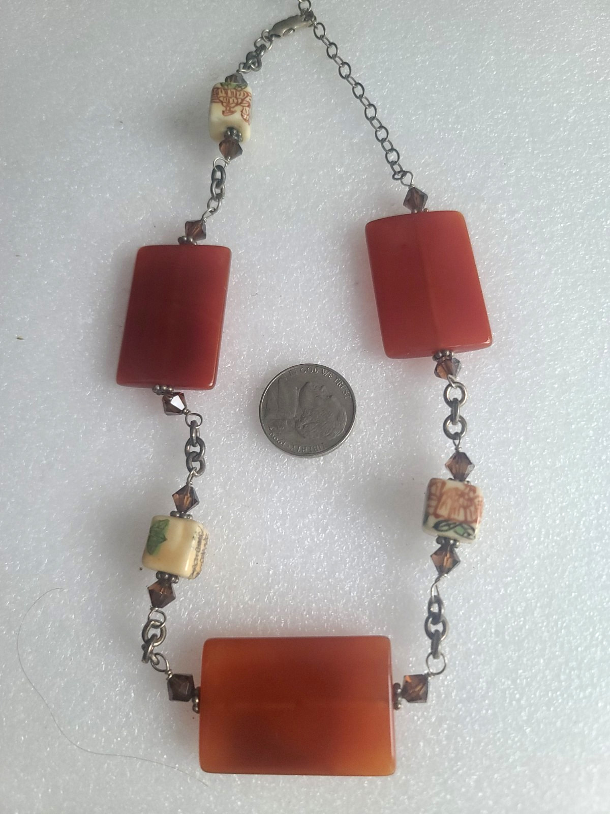 Adj 17-14″ Sterling Silver Flat Carnelian & Chinese Motif Vintage Bead Necklace