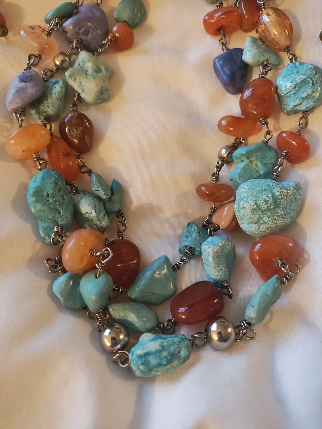 Artisan Amber & Turquoise 19″ 3 Strand Rock Necklace/ Earrings Southwest. Read