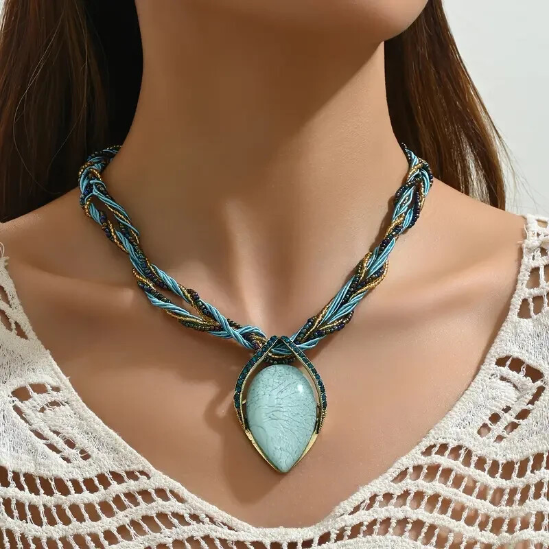 Unique Bohemian Beige Color Teardrop Pendant Necklace Handcrafted Jewelry Gift
