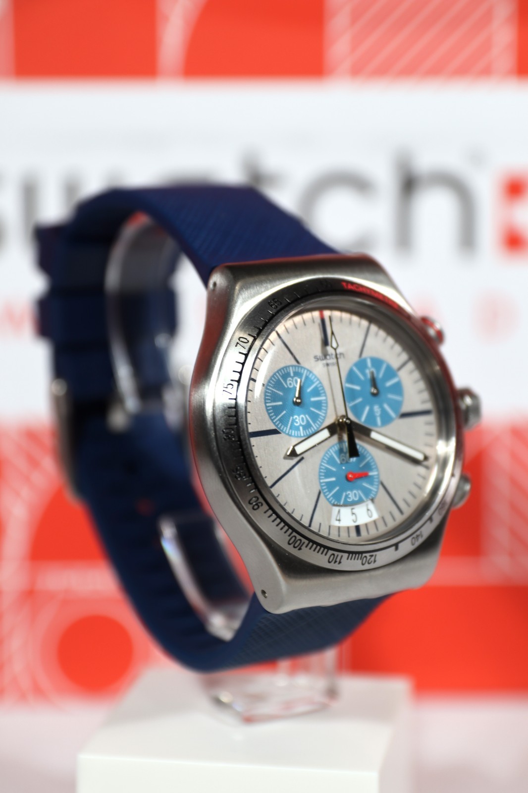 NEW Rare Swiss Swatch Irony BLAU ME ON Silicone Blue Chrono Watch 43MM YVS435