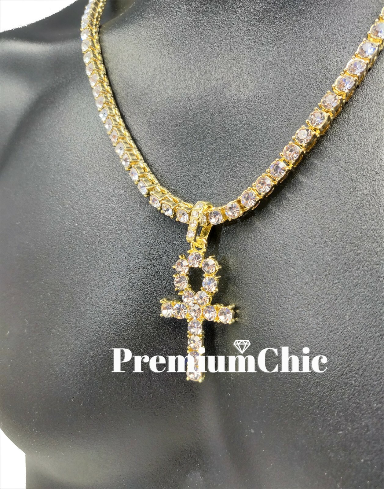 Iced ANKH Cross Pendant & Tennis Chain Mens Gold Plated CZ Hip Hop Necklace