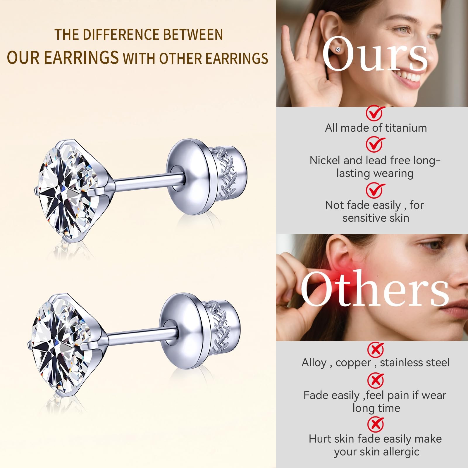 G23 Titanium CZ Stud Earrings, Hypoallergenic F136 Implant Grade Titanium Scr…