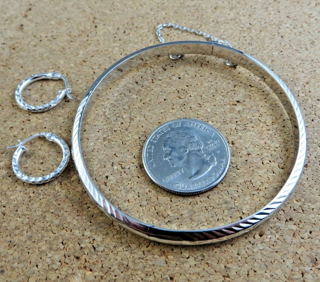 Etched Sterling Silver Hinged Bangle Bracelet & Latch back Hoop Earrings #209
