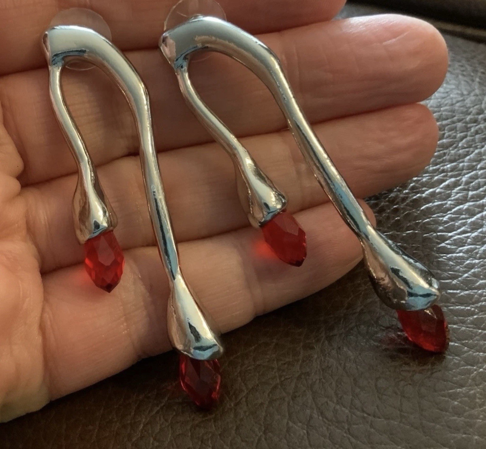 Modern Sculptural Earrings Silver COS Red Crystal Matchstick Steampunk Stud VTG